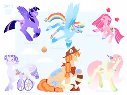 Size: 2048x1543 | Tagged: safe, artist:peeperzcreeperz, applejack, fluttershy, pinkie pie, rainbow dash, rarity, twilight sparkle, alicorn, earth pony, pegasus, pony, unicorn, g4, magical mystery cure, my little pony: friendship is magic, alternate design, amputee, glasses, goggles, horn, mane six, prosthetic leg, prosthetic limb, prosthetics, simple background, solo, twilight sparkle (alicorn), wheelchair, white background