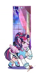 Size: 825x1506 | Tagged: safe, artist:tina1804, twilight sparkle, alicorn, pony, g4, clothes, dress, female, indoors, mare, open mouth, simple background, smiling, solo, twilight sparkle (alicorn), white background, window