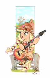 Size: 1326x2060 | Tagged: safe, artist:tina1804, applejack, earth pony, pony, g4, barn, clothes, dress, female, fence, guitar, mare, musical instrument, open mouth, simple background, sitting, smiling, solo, white background, windmill