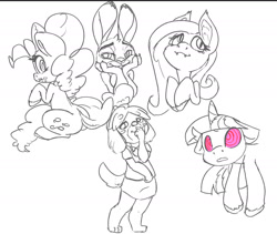 Size: 1820x1534 | Tagged: safe, artist:leadhooves, fluttershy, pinkie pie, twilight sparkle, bat pony, dog, earth pony, pony, rabbit, unicorn, anthro, digitigrade anthro, g4, animal, balloonbutt, bat ponified, butt, crossover, fangs, female, flutterbat, grayscale, horn, isabelle, judy hopps, looking back, mare, monochrome, partial color, plot, race swap, simple background, sitting, sketch, sketch dump, smiling, swirly eyes, unicorn twilight, wavy mouth, white background, zootopia