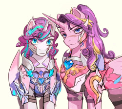 Size: 1680x1505 | Tagged: safe, alternate version, artist:qhsg8, princess cadance, princess flurry heart, alicorn, pony, unicorn, g4, alternate universe, armor, duo, duo female, female, helmet, horn, like mother like daughter, like parent like child, mare, mother and child, mother and daughter, not starlight glimmer, older, older flurry heart, simple background, solo, warrior cadance, warrior flurry heart, white background