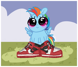 Size: 1551x1344 | Tagged: safe, artist:nootaz, rainbow dash, pegasus, pony, g4, baby, baby pony, female, filly, filly rainbow dash, rainbow dash always dresses in style, shoes, sneakers, solo, younger