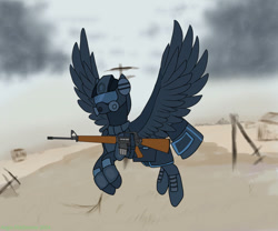 Size: 979x816 | Tagged: safe, artist:aegishailstorm, oc, oc only, pegasus, ashes town, fallout equestria, gun, helldivers 2, mask, rifle, solo, spread wings, wasteland, weapon, wings