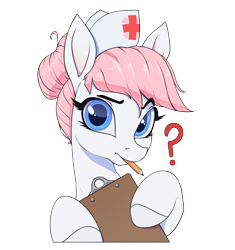 Size: 2342x2495 | Tagged: safe, artist:aquaticvibes, nurse redheart, earth pony, pony, g4, clipboard, eyebrows, female, hoof hold, looking at you, mare, mouth hold, pencil, question mark, raised eyebrow, simple background, solo, transparent background