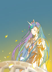 Size: 1680x2298 | Tagged: safe, artist:xinjinjumin641763993311, princess celestia, human, g4, crown, gradient background, horn, horned humanization, humanized, jewelry, regalia, solo, winged humanization, wings