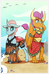 Size: 1181x1772 | Tagged: safe, artist:inuhoshi-to-darkpen, ocellus, smolder, changedling, changeling, dragon, g4, beach, blushing, clothes, commission, dragoness, duo, duo female, female, lesbian, ocean, ship:smolcellus, shipping, swimsuit, water