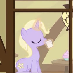 Size: 585x585 | Tagged: safe, screencap, jasmine tea, pony, unicorn, g4, the one where pinkie pie knows, background pony, cropped, drink, drinking, female, horn, mare, solo