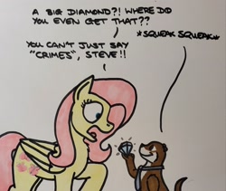 Size: 2048x1731 | Tagged: safe, artist:hoofclid, fluttershy, otter, pegasus, pony, g4, chest fluff, clothes, dialogue, diamond, female, frown, mare, marker drawing, necktie, onomatopoeia, open mouth, shrunken pupils, smiling, surprised, this will end in jail time, traditional art