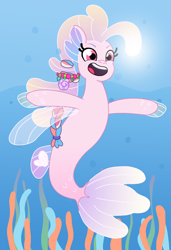 Size: 1840x2690 | Tagged: safe, artist:fluostar, destiny (g5), seapony (g4), g5, my little pony: tell your tale, bioluminescent, bubble, coral, dorsal fin, female, fin, fin ears, fin wings, fins, fish tail, flowing mane, flowing tail, happy, jade sea, looking at you, mare, ocean, open mouth, open smile, sea pony (g5), seaweed, smiling, solo, swimming, tail, underwater, water, wings