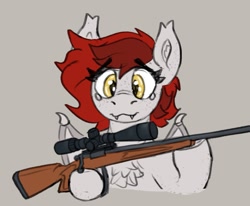 Size: 1023x843 | Tagged: safe, artist:reddthebat, oc, oc only, oc:reddthebat, pony, bust, chest fluff, eye clipping through hair, fangs, female, gray background, gun, hoof hold, mare, rifle, scope, simple background, solo, teary eyes, weapon