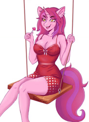 Size: 828x1139 | Tagged: safe, artist:indigocat1, oc, oc only, oc:bubble gummy, unicorn, anthro, breasts, candy, cleavage, clothes, dress, ear fluff, eyelashes, female, female oc, food, golden eyes, horn, lidded eyes, lollipop, looking at you, open mouth, pink coat, simple background, sitting, smiling, smiling at you, solo, swing, swinging, tail, thighs, two toned hair, two toned tail, unicorn horn, unicorn oc, white background