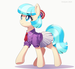 Size: 2100x1939 | Tagged: safe, artist:vinilyart, coco pommel, earth pony, pony, g4, clothes, eyebrows, eyebrows visible through hair, female, mare, necktie, shirt, simple background, skirt, smiling, solo, white background