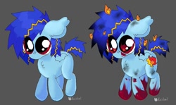 Size: 1072x641 | Tagged: safe, artist:koidial, oc, oc only, pony, big ears, blue coat, blue mane, blue tail, burnt mane, burnt tail, chest fluff, chibi, duality, ear tufts, eye clipping through hair, eye reflection, female, female oc, fire, floppy ears, folded wings, gray background, mare, mare oc, no mouth, on fire, red eyes, reflection, scrapes, short tail, signature, simple background, small wings, solo, sparkly eyes, spiky mane, spiky tail, standing, striped mane, striped tail, tail, text, wingding eyes, wings