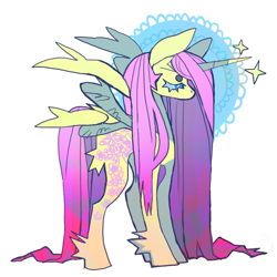 Size: 794x794 | Tagged: safe, artist:cutesykill, fluttershy, alicorn, pony, seraph, seraphicorn, g4, alicornified, alternate cutie mark, alternate design, ascension, beanbrows, big ears, blue eyes, blue sclera, butt fluff, cascading cutie mark, circle background, colored eyebrows, colored sclera, eyebrows, female, fluttercorn, four wings, horn, leg fluff, lidded eyes, long horn, long legs, long mane, long tail, mare, multiple wings, no mouth, partially open wings, pink mane, pink tail, race swap, simple background, slender, slit pupils, solo, sparkles, standing, straight mane, straight tail, tail, thin, white background, white pupils, wings, yellow coat