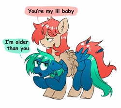 Size: 4096x3664 | Tagged: safe, artist:opalacorn, oc, oc:emerald, oc:firefly, pegasus, pony, dialogue, duo, duo female, female, high res, holding a pony, lesbian, mare, oc x oc, shipping, simple background, speech bubble, white background, wing hold, wings