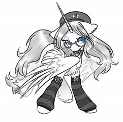 Size: 2100x2079 | Tagged: safe, artist:opalacorn, oc, oc only, alicorn, pony, beret, choker, clothes, female, floppy ears, glasses, grayscale, hat, leg warmers, mare, monochrome, partial color, partially open wings, simple background, solo, white background, wings