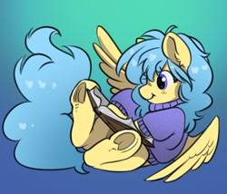 Size: 2410x2063 | Tagged: safe, artist:opalacorn, oc, oc only, pegasus, pony, book, clothes, female, frog (hoof), gradient background, mare, raffle prize, reading, smiling, solo, sweater, underhoof