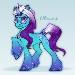 Size: 1080x1080 | Tagged: safe, artist:anoraknr, comet (g5), auroricorn, pony, g5, concave belly, confident, glasses, gradient background, jewelry, male, necklace, raised hoof, slender, solo, stallion, thin