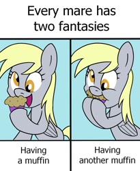 Size: 900x1100 | Tagged: safe, artist:unitxxvii, derpy hooves, pegasus, pony, g4, cute, derpabetes, eating, female, food, hoof hold, mare, muffin, open mouth, open smile, smiling, solo, text, that pony sure does love muffins