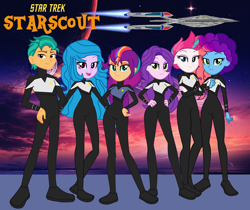 Size: 2352x1976 | Tagged: safe, artist:robertsonskywa1, hitch trailblazer, izzy moonbow, misty brightdawn, pipp petals, sunny starscout, zipp storm, human, equestria girls, g4, g5, clothes, equestria girls-ified, eyebrows, female, g5 to equestria girls, g5 to g4, generation leap, hand on hip, high res, jumpsuit, looking at you, male, mane five, mane six (g5), marestream, open mouth, open smile, palindrome get, photo, planet, smiling, smiling at you, star trek, star trek: starscout, starfleet, starship, uniform, uss marestream