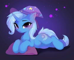 Size: 4096x3312 | Tagged: safe, artist:empress-twilight, trixie, pony, unicorn, g4, blushing, chest fluff, clothes, commission, cute, diatrixes, ear fluff, female, fluffy, hat, high res, horn, looking at you, mare, pillow, smiling, smiling at you, solo, tail, trixie's hat, ych result