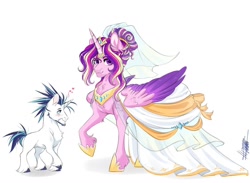 Size: 1772x1296 | Tagged: safe, artist:swabakar, princess cadance, shining armor, alicorn, pony, unicorn, g4, beard, chest fluff, clothes, crown, dress, duo, duo female, facial hair, female, fetlock tuft, floating heart, heart, hoof shoes, horn, jewelry, male, mare, meme, missing cutie mark, necklace, princess shoes, regalia, ship:shiningcadance, shipping, simple background, size difference, stallion, straight, the bride and the ugly ass groom, unshorn fetlocks, veil, wedding dress, wedding veil, white background