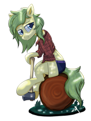 Size: 3553x4704 | Tagged: safe, artist:bluishdraft, oc, oc only, oc:nettle vienna, earth pony, pony, axe, clothes, earth pony oc, female, flannel shirt, log, lumberjack, simple background, solo, transparent background, weapon