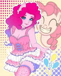 Size: 1600x2000 | Tagged: safe, artist:nikuriii, pinkie pie, earth pony, human, pony, g4, breasts, busty pinkie pie, choker, cleavage, clothes, dress, eared humanization, eyes closed, grin, humanized, looking at you, pony coloring, short dress, smiling, smiling at you, solo, stockings, thigh highs