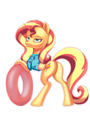 Size: 4961x7016 | Tagged: safe, artist:bluishdraft, sunset shimmer, pony, unicorn, g4, backwards cutie mark, bipedal, bipedal leaning, butt, clothes, female, hawaiian shirt, horn, inner tube, leaning, leg fluff, mare, opaque inflatable, plot, pool toy, shirt, simple background, smiling, solo, transparent background