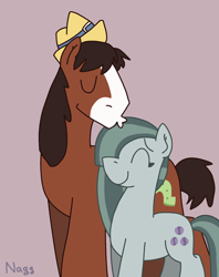 Size: 1470x1858 | Tagged: safe, artist:naggfruit, marble pie, trouble shoes, earth pony, pony, g4, crack shipping, duo, eyes closed, female, larger male, male, ship:marbleshoes, shipping, signature, simple background, size difference, smaller female, smooch, straight