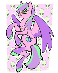 Size: 720x900 | Tagged: safe, artist:broniesforponies, oc, oc only, alien, pegasus, pony, abstract background, art trade, pegasus oc, pink coat, solo