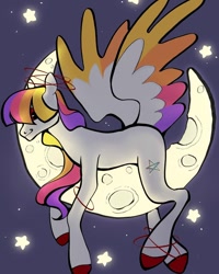 Size: 720x900 | Tagged: safe, artist:broniesforponies, oc, oc only, pegasus, pony, art trade, colored wings, moon, multicolored hair, multicolored wings, side view, solo, stra, white coat, wings