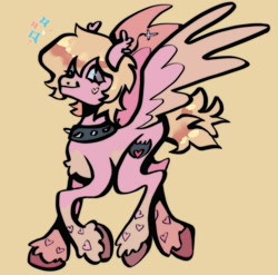 Size: 1440x1425 | Tagged: safe, artist:broniesforponies, oc, pegasus, pony, collar, pegasus oc, pink coat, simple background, smiling, solo, spiked collar, tan background