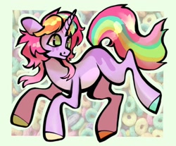 Size: 1440x1194 | Tagged: safe, artist:broniesforponies, oc, oc only, pony, unicorn, abstract background, cereal, colored hooves, food, hooves, horn, multicolored hooves, multicolored mane, multicolored tail, pink coat, smiling, tail, unicorn oc