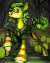 Size: 1440x1800 | Tagged: safe, artist:broniesforponies, pony, beetlejuice, green coat, grin, pumpkin, smiling, solo