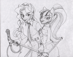 Size: 1007x792 | Tagged: safe, artist:ciaran, derpibooru exclusive, adagio dazzle, sonata dusk, rainbow rocks 10th anniversary, equestria girls, g4, button-up shirt, cable, clothes, dress, dress shirt, duo, duo female, eye clipping through hair, eyebrows, eyebrows visible through hair, female, hairband, hand on arm, looking at you, microphone, microphone stand, necktie, open mouth, pants, pencil drawing, ponied up, pony ears, shirt, smiling, smiling at you, traditional art, vulgar description