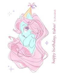 Size: 810x1080 | Tagged: safe, artist:shunshell, earth pony, happy birthday, hat, looking at you, party hat, simple background, smiling, sparkles, white background