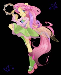 Size: 883x1080 | Tagged: source needed, useless source url, safe, artist:shunshell, fluttershy, butterfly, equestria girls, g4, clothes, dress, fanart, musical instrument, one eye closed, ponied up, pony ears, smiling, tambourine, thin, wings