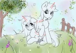 Size: 2360x1640 | Tagged: safe, artist:kristina, oc, oc only, alicorn, earth pony, pegasus, pony, commission, couple, cute, duo, duo male and female, female, fence, flower, male, tree, ych sketch, your character here