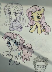 Size: 778x1080 | Tagged: safe, artist:shunshell, fluttershy, pinkie pie, human, g4, chibi, fanart, humanized, non-pony oc, photo, raised hoof, smiling, tired, traditional art