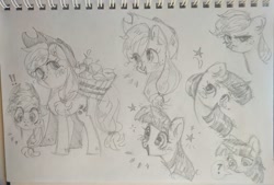 Size: 1280x865 | Tagged: safe, artist:shunshell, applejack, twilight sparkle, earth pony, unicorn, g4, annoyed, apple, bucket, food, happy, horn, pencil drawing, photo, proud, smiling, traditional art, wondering