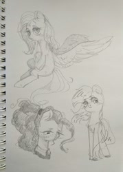 Size: 773x1080 | Tagged: safe, artist:shunshell, fluttershy, pinkie pie, rainbow dash, g4, blushing, hair tie, looking away, pencil drawing, photo, sad, sitting, standing, tired, traditional art