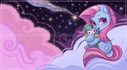 Size: 1280x711 | Tagged: source needed, safe, artist:shunshell, princess celestia, star swirl, alicorn, earth pony, g4, chibi, cloud, commission, looking at you, obtrusive watermark, on a cloud, pink cloud, plushie, shooting star, sitting, sitting on a cloud, sky, smiling, smiling at you, watermark