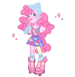 Size: 1046x1080 | Tagged: safe, artist:shunshell, pinkie pie, equestria girls, g4, 2d, blushing, fanart, helmet, looking at you, pony ears, roller skates, simple background, skates, smiling, smiling at you, standing, white background