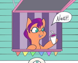 Size: 3446x2798 | Tagged: safe, artist:tkshoelace, sunny starscout, earth pony, pony, g5, drink, female, holding, raised leg, smoothie, smoothie truck, solo, speech bubble, text