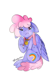 Size: 1276x1713 | Tagged: safe, artist:destiny_manticor, rainbowshine, pegasus, pony, g4, bruised, collar, commission, crying, female, floppy ears, folded wings, implied anon, looking at you, mare, offscreen character, pet, pet collar, pet tag, question mark, sad, sad pony, simple background, sitting, solo, tears of sadness, teary eyes, transparent background, wings