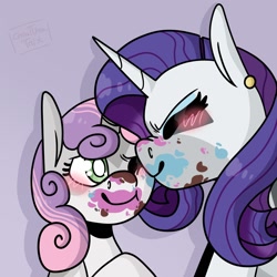 Size: 1480x1480 | Tagged: safe, artist:criaturatrix, rarity, sweetie belle, unicorn, g4, belle sisters, cute, daaaaaaaaaaaw, female, food, horn, ice cream, nuzzling, piercing, sibling love, siblings, sisterly love, sisters, smiling