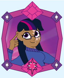 Size: 1350x1635 | Tagged: safe, artist:prixy05, twilight sparkle, human, g4, g5, my little pony: tell your tale, clothes, female, framed picture, glasses, humanized, moderate dark skin, scarred, solo