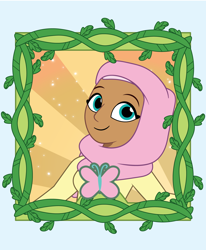 Size: 1350x1635 | Tagged: safe, artist:prixy05, fluttershy, human, g4, g5, my little pony: tell your tale, clothes, female, framed picture, headscarf, hijab, humanized, moderate dark skin, scarf, solo