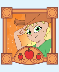 Size: 1350x1635 | Tagged: safe, artist:prixy05, applejack, human, g4, g5, my little pony: tell your tale, applejack's hat, clothes, cowboy hat, female, framed picture, hat, humanized, light skin, looking at you, solo